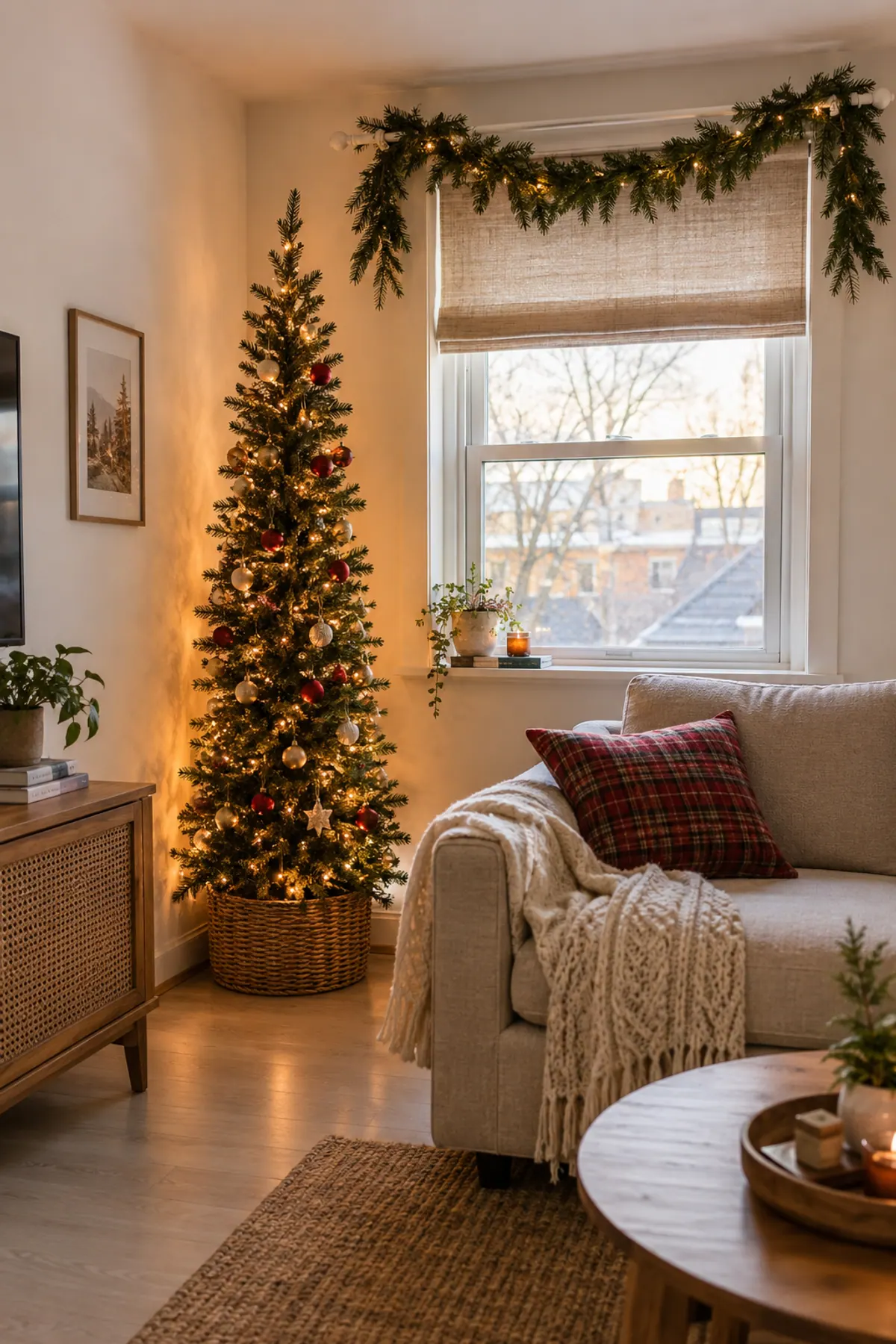 Apartment Christmas decor in a small rental living room: a slim pencil tree with warm lights in a corner, lit pine garland across the top of the window and a loveseat with a red plaid pillow
